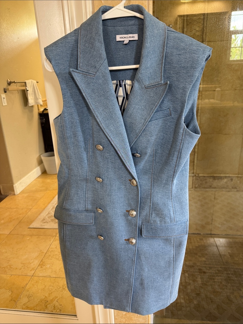 Veronica Beard Sleeveless Double-Breasted Denim Vest Dress in Light Blue